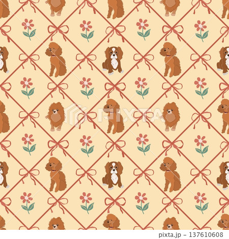 A charming flat vector set of three dog breeds Spitz, Poodle, and Cavalier King Charles Spaniel placed in a diamond grid made of ribbons with decorative bows at the corners. Warm yellow background. A charming flat vector set of three dog breeds Spitz, Poodle, and Cavalier King Charles Spaniel placed in a diamond grid made of ribbons with decorative bows at the corners. Warm yellow background. 137610608