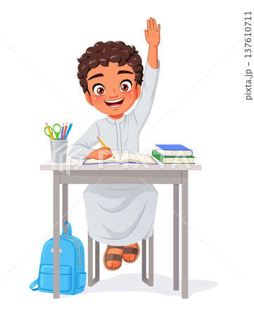 Happy young Arab elementary school boy sits at his desk raising his hand. Cartoon vector illustration. 137610711