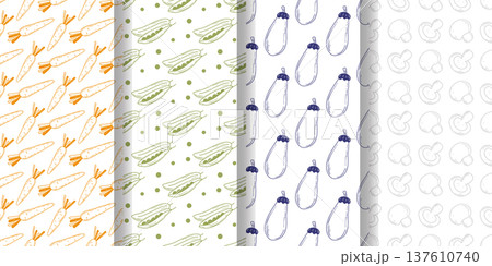 Set of seamless patterns with colored engraved vegetables 137610740