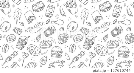 Simple hand drawn street food illustration seamless pattern 137610744