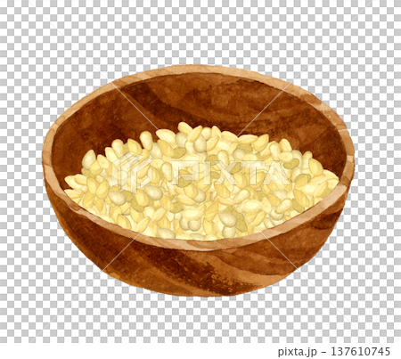 White sesame seeds in a wooden bowl. Hand-drawn watercolor illustration of vegetables and condiments. White sesame seeds in a wooden bowl. Hand-drawn watercolor illustration of vegetables and condiments. 137610745
