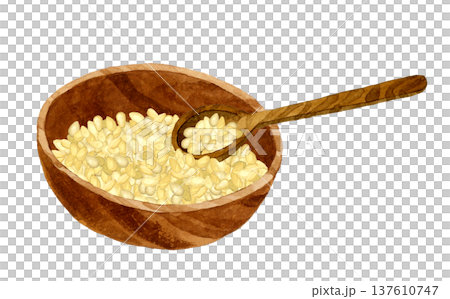 White sesame seeds and spoon in a wooden container. Hand-drawn watercolor illustration of vegetables and condiments. White sesame seeds and spoon in a wooden container. Hand-drawn watercolor illustration of vegetables and condiments. 137610747