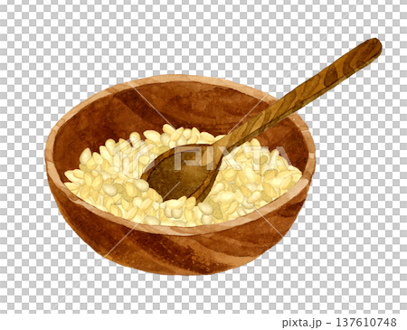 木製の器に入った白ゴマと匙 野菜・薬味の手描き水彩イラスト素材 木製の器に入った白ゴマと匙 野菜・薬味の手描き水彩イラスト素材 137610748