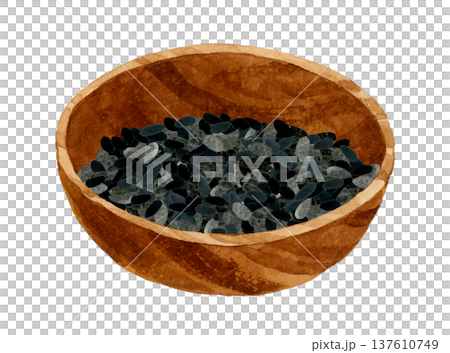 Black sesame seeds in a wooden bowl. Hand-drawn watercolor illustration of vegetables and condiments. Black sesame seeds in a wooden bowl. Hand-drawn watercolor illustration of vegetables and condiments. 137610749
