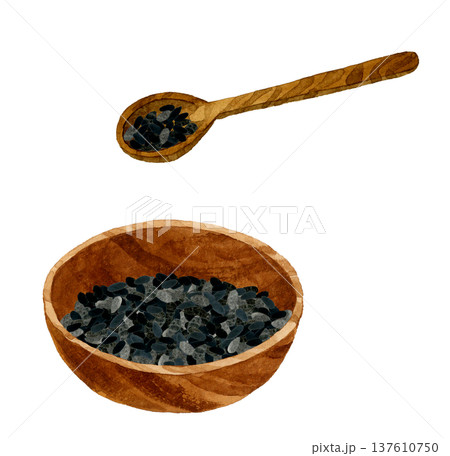 木製の器に入った黒ゴマと匙 野菜・薬味の手描き水彩イラスト素材 木製の器に入った黒ゴマと匙 野菜・薬味の手描き水彩イラスト素材 137610750