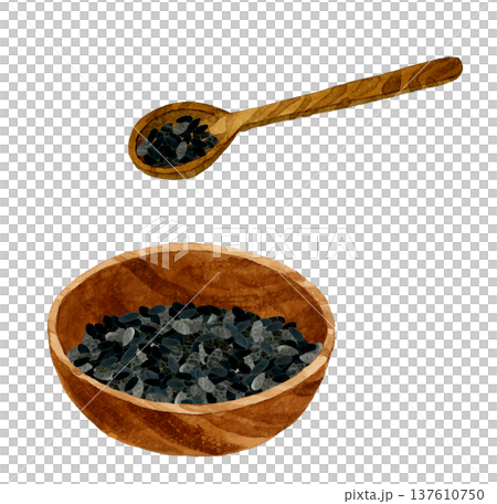 木製の器に入った黒ゴマと匙 野菜・薬味の手描き水彩イラスト素材 木製の器に入った黒ゴマと匙 野菜・薬味の手描き水彩イラスト素材 137610750