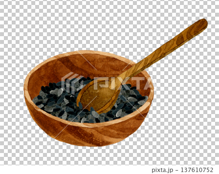 木製の器に入った黒ゴマと匙 野菜・薬味の手描き水彩イラスト素材 木製の器に入った黒ゴマと匙 野菜・薬味の手描き水彩イラスト素材 137610752