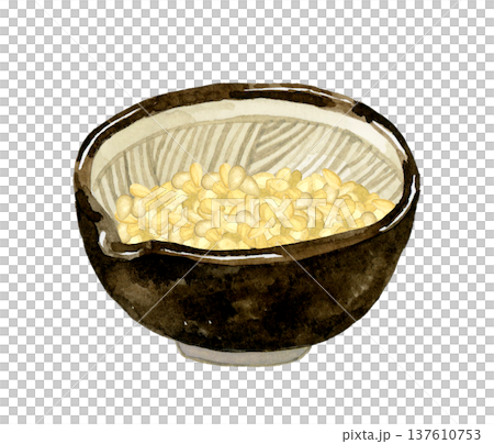研缽中的白芝麻。手繪水彩插圖,描繪了蔬菜和調味品。 研缽中的白芝麻。手繪水彩插圖,描繪了蔬菜和調味品。 137610753