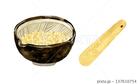 すり鉢に入った白ゴマとすりこぎのセット 野菜・薬味の手描き水彩イラスト素材 すり鉢に入った白ゴマとすりこぎのセット 野菜・薬味の手描き水彩イラスト素材 137610754