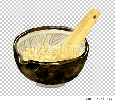 研缽中盛放著白芝麻。手繪水彩插圖,描繪了蔬菜和調味品。 研缽中盛放著白芝麻。手繪水彩插圖,描繪了蔬菜和調味品。 137610755