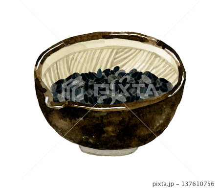 すり鉢に入った黒ゴマ 野菜・薬味の手描き水彩イラスト素材 すり鉢に入った黒ゴマ 野菜・薬味の手描き水彩イラスト素材 137610756