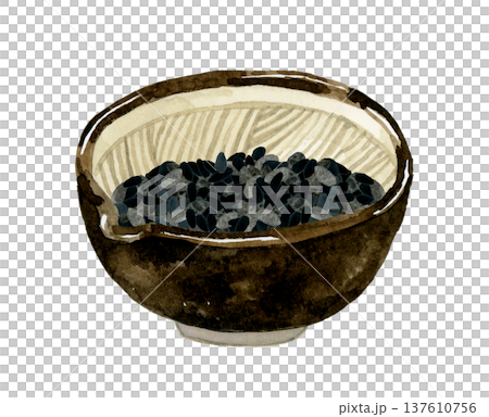 すり鉢に入った黒ゴマ 野菜・薬味の手描き水彩イラスト素材 すり鉢に入った黒ゴマ 野菜・薬味の手描き水彩イラスト素材 137610756