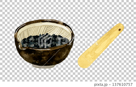 Set of black sesame seeds in a mortar and a pestle. Hand-drawn watercolor illustration of vegetables and condiments. Set of black sesame seeds in a mortar and a pestle. Hand-drawn watercolor illustration of vegetables and condiments. 137610757
