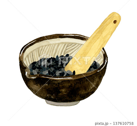 すり鉢に入った黒ゴマとすりこぎ　野菜・薬味の手描き水彩イラスト素材 137610758