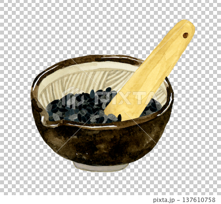 すり鉢に入った黒ゴマとすりこぎ　野菜・薬味の手描き水彩イラスト素材 137610758