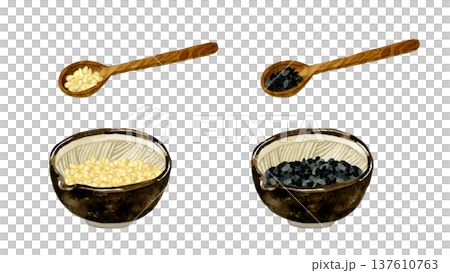 すり鉢に入った白ゴマ&黒ゴマと匙 野菜・薬味の手描き水彩イラスト素材 すり鉢に入った白ゴマ&黒ゴマと匙 野菜・薬味の手描き水彩イラスト素材 137610763
