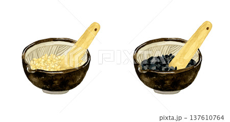 すり鉢に入った白ゴマ&黒ゴマとすりこぎ 野菜・薬味の手描き水彩イラスト素材 すり鉢に入った白ゴマ&黒ゴマとすりこぎ 野菜・薬味の手描き水彩イラスト素材 137610764