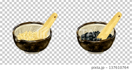 研缽中放入白芝麻和黑芝麻。手繪水彩插圖，描繪了蔬菜和調味品。 137610764