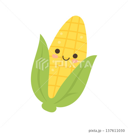 Smiling corn vegetable cartoon with green leaves, cute farm crop illustration for healthy food blogs, organic agriculture topics, cooking ingredients and vegetarian diet. Smiling corn vegetable cartoon with green leaves, cute farm crop illustration for healthy food blogs, organic agriculture topics, cooking ingredients and vegetarian diet. 137611030