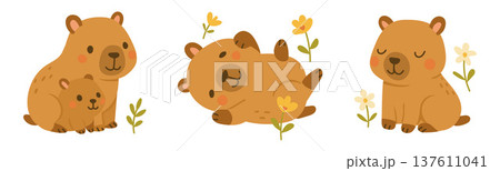 Cute capybara cartoon with baby animal and flowers, adorable wildlife illustration for nursery design, nature education, children storytelling and friendly animal graphics Cute capybara cartoon with baby animal and flowers, adorable wildlife illustration for nursery design, nature education, children storytelling and friendly animal graphics 137611041