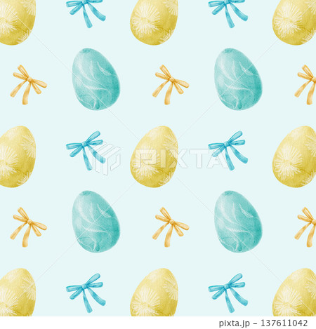 Watercolor Easter seamless pattern. Blue and yellow Easter eggs and bows. Cute hand-drawn pattern for design and decor. Wrapping paper, textiles. Watercolor Easter seamless pattern. Blue and yellow Easter eggs and bows. Cute hand-drawn pattern for design and decor. Wrapping paper, textiles. 137611042