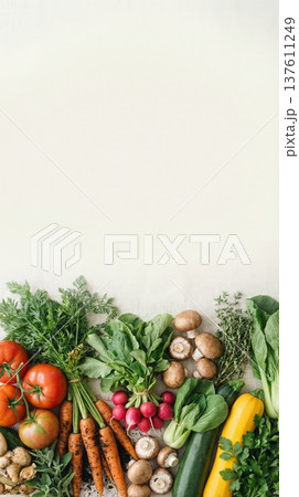 Fresh vegetables border on light background with copy space Fresh vegetables border on light background with copy space 137611249