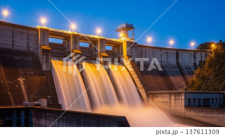 Hydroelectric dam spillway releasing water through three concrete gates at twilight with illuminated floodlights and blue hour sky 137611309