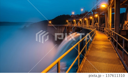 Hydroelectric dam spillway with rushing water at twilight blue hour featuring illuminated metal walkway and industrial infrastructure Hydroelectric dam spillway with rushing water at twilight blue hour featuring illuminated metal walkway and industrial infrastructure 137611310