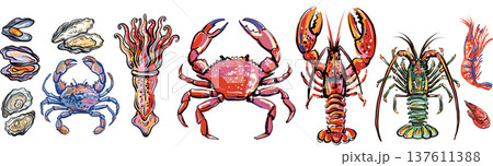 Seafood set with lobster crab squid mussels oysters shrimp Seafood set with lobster crab squid mussels oysters shrimp 137611388