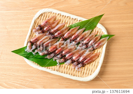 ざるに並べた生ホタルイカ 137611694