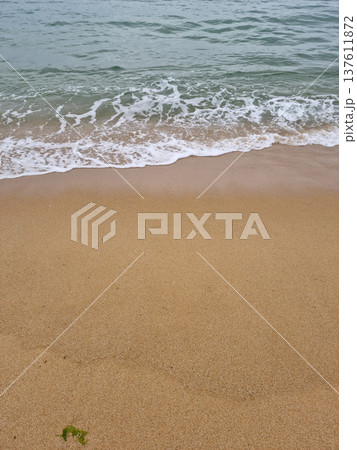 It is a beach with waves crashing in 137611872