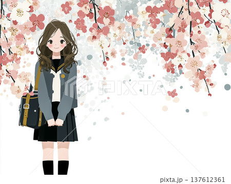 春の花に囲まれた中学生のイラスト素材|入学・新生活イメージの若い女性 春の花に囲まれた中学生のイラスト素材|入学・新生活イメージの若い女性 137612361