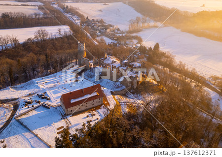 Drone view shows Zviretice castle ruins surrounded by snow. In the distance, a village lies under soft winter light. Trees are bare and fields are white with frost. 137612371