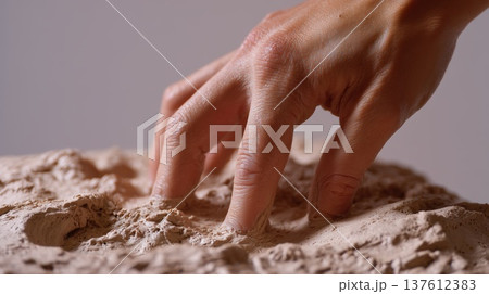 Human hand pressing fingers into soft clay, closeup pottery process showing tactile sculpting, ceramic craft creation and handmade artisan work in studio setting 137612383