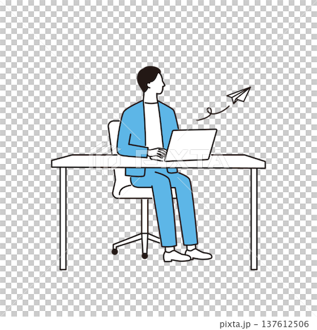 男性ビジネスパーソンのパソコンから紙飛行機が飛んでいくメール送信のイメージ 137612506