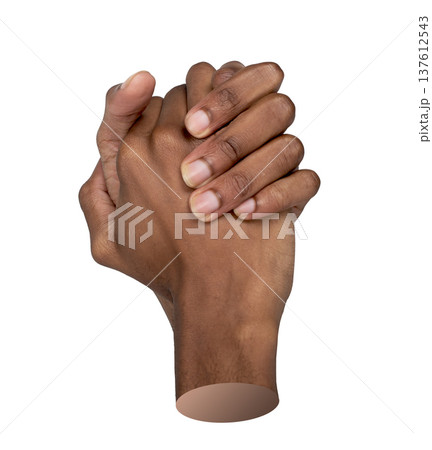 Clasped hands gesture showing support and unity, isolated on white. Close up of both arms together 137612543