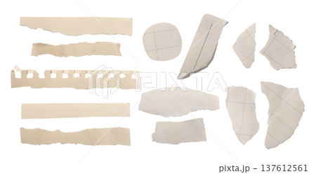 Set of torn beige paper fragments with rough edges, pencil grid lines, and subtle texture. Abstract Set of torn beige paper fragments with rough edges, pencil grid lines, and subtle texture. Abstract 137612561