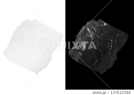 Crumpled transparent plastic film isolated on white background. Wrinkled glossy surface with 137612568