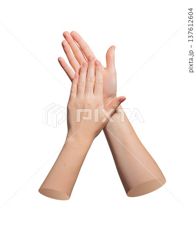 Hand gesture with both hands showing neat natural manicure, groomed long fingers and short nails, 137612604