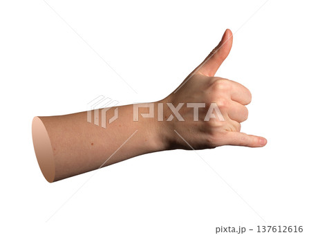 Hand shaka gesture with thumb and pinky stretched out in surfing signal, isolated on white 137612616