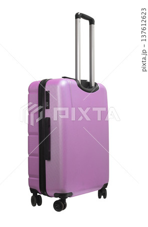 Suitcase. Pink hardcase baggage with telescopic handle, side grip, secure lock and zipper, isolated Suitcase. Pink hardcase baggage with telescopic handle, side grip, secure lock and zipper, isolated 137612623