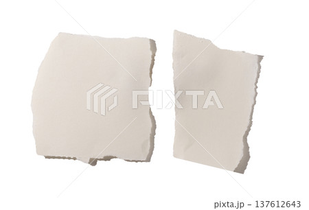 Two torn beige paper pieces isolated on white background. Soft textured surfaces with irregular Two torn beige paper pieces isolated on white background. Soft textured surfaces with irregular 137612643
