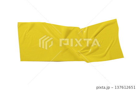 Wide yellow adhesive tape piece with central fold isolated on white background. Glossy plastic Wide yellow adhesive tape piece with central fold isolated on white background. Glossy plastic 137612651