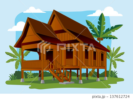 Traditional Malay Kampung House Illustration with Coconut Palms Traditional Malay Kampung House Illustration with Coconut Palms 137612724