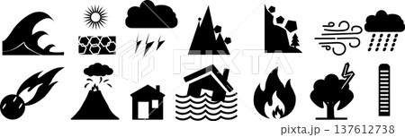 working formatNatural disaster icon set showing volcano eruption meteor strike flood and extreme weather working formatNatural disaster icon set showing volcano eruption meteor strike flood and extreme weather 137612738