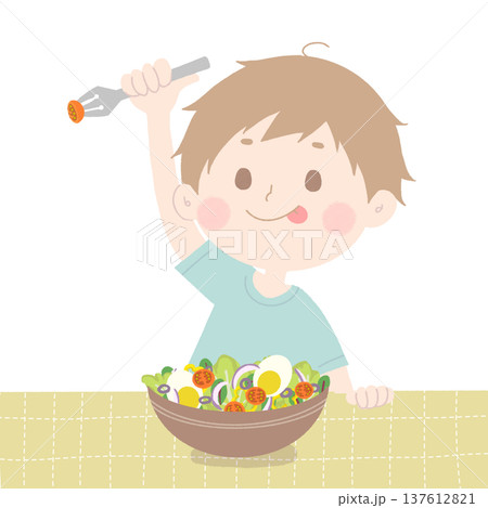 サラダを食べる男の子イラスト サラダを食べる男の子イラスト 137612821
