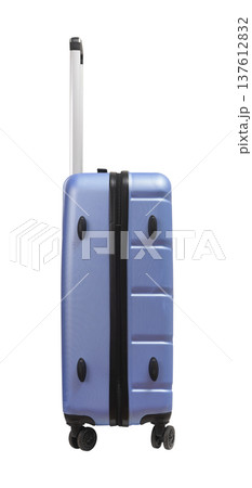 Large wheeled suitcase, side view. Telescopic handle, zipper closure on the hard plastic shell. 137612832