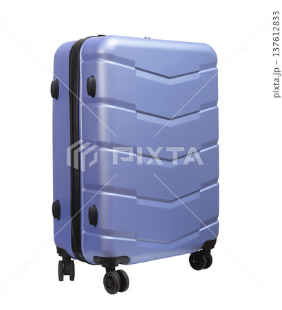 Angled view of a modern wheeled hardcase suitcase. Polycarbonate hardshell bag designed for business 137612833