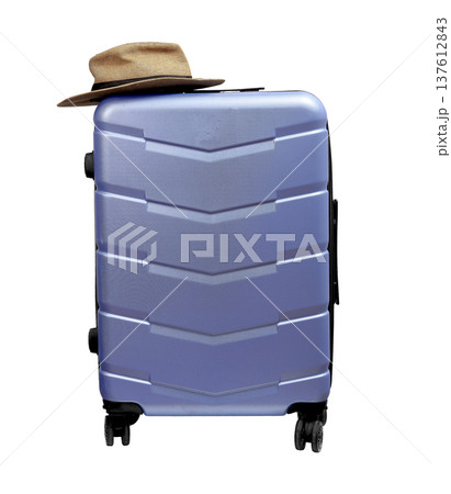 giant wheeled suitcase with brimmed sunhat on top. Closed polycarbonate carry on luggage for summer giant wheeled suitcase with brimmed sunhat on top. Closed polycarbonate carry on luggage for summer 137612843