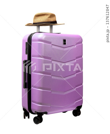 Wheeled hardshell suitcase with sunhat on top. Tilted angle, telescopic handle grip. Polycarbonate Wheeled hardshell suitcase with sunhat on top. Tilted angle, telescopic handle grip. Polycarbonate 137612847
